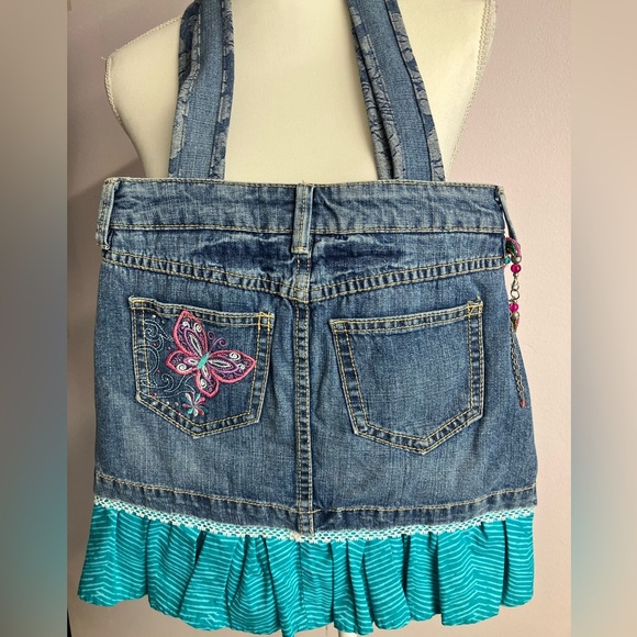 Handmade Upcycled Denim Shoulder Bag/Tote, Boho, Hippie Style, Embroidered - Picture 3 of 5